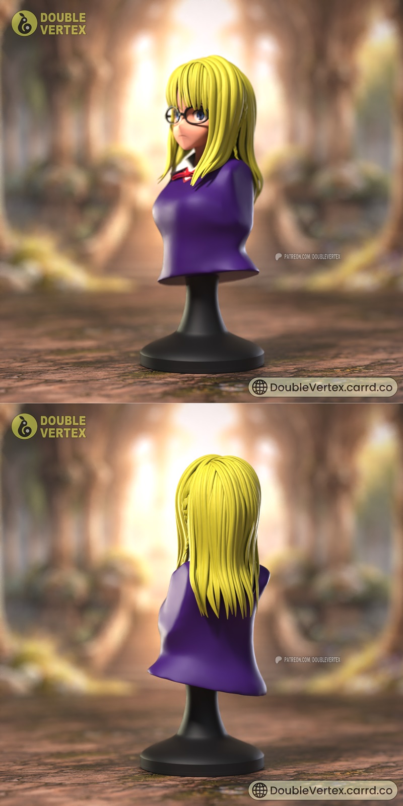 Bust of Sajou Ayaka from Fate series, blonde hair, glasses, purple uniform with red bow, 3D model by Double Vertex.