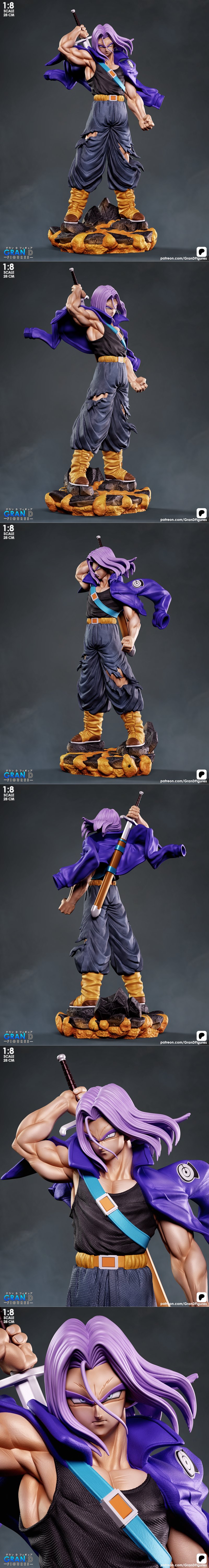 1:8 scale 28 cm Trunks 3D model figure from Dragon Ball, holding a sword, wearing ripped pants and a purple jacket.