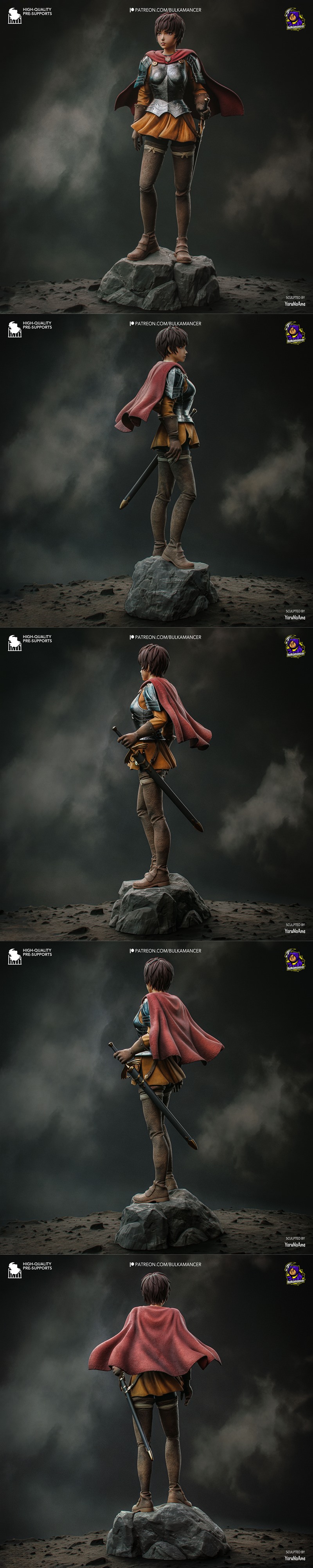 3D model figure of Casca from Berserk, wearing full plate armor over an orange tunic and skirt, holding a sword, with...