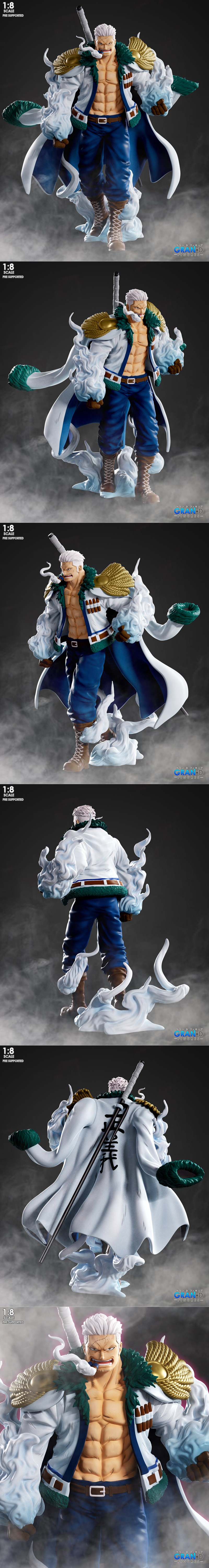 1:8 scale 3D model of Smoker from One Piece, standing with a cigarillo, white coat open to reveal muscular abs, blue...