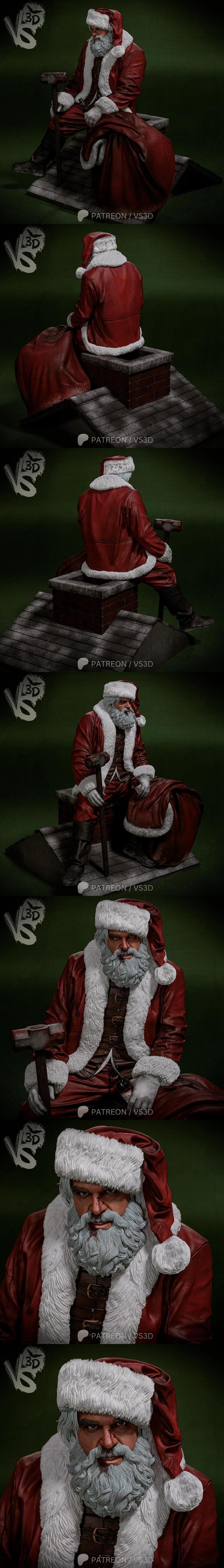 VS3D 3D model of Santa Claus from Violent Night, seated with a hammer and sack, wearing a red suit with fur trim.