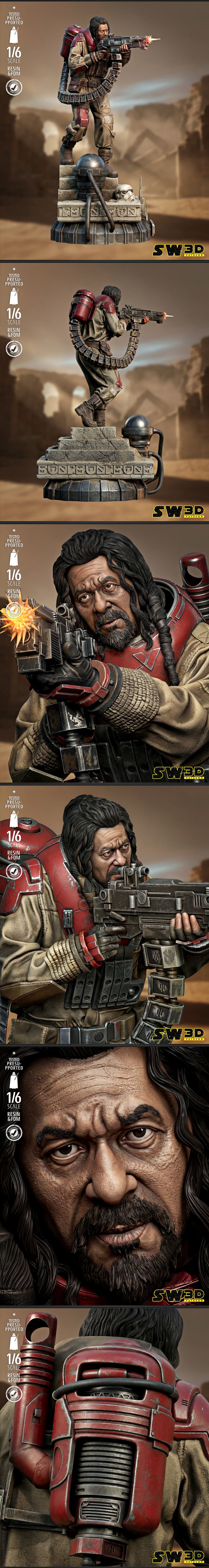 Malbus character 3D model from Rogue One, posed with a heavy machine gun, on a detailed base with a stormtrooper helm...