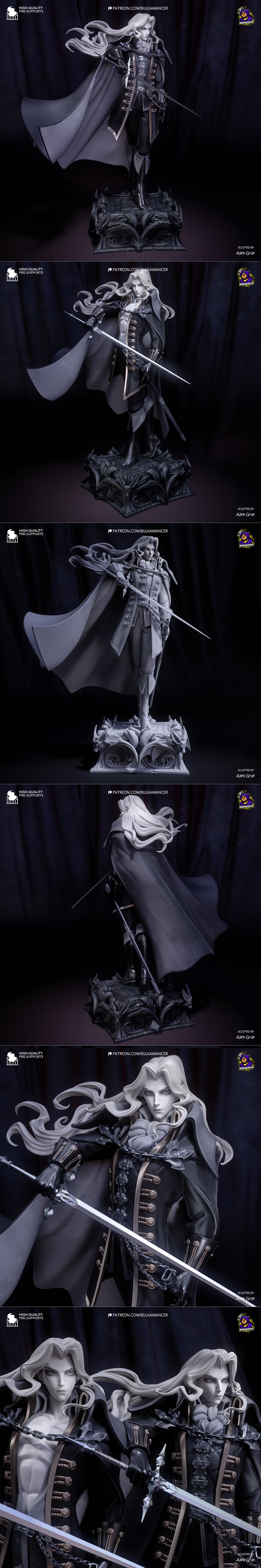 Alucard figure from Castlevania, standing heroically on a gothic base, holding a sword. He has long silver hair, a fl...