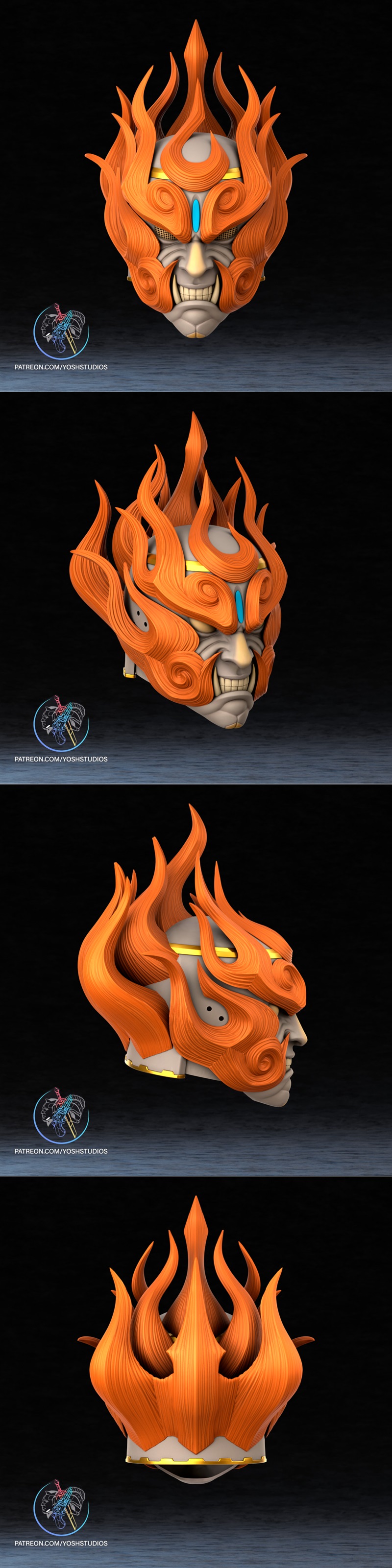 Ganondorf's helmet from The Legend of Zelda, featuring orange flame-like hair, a blue forehead gem, and a snarling fa...