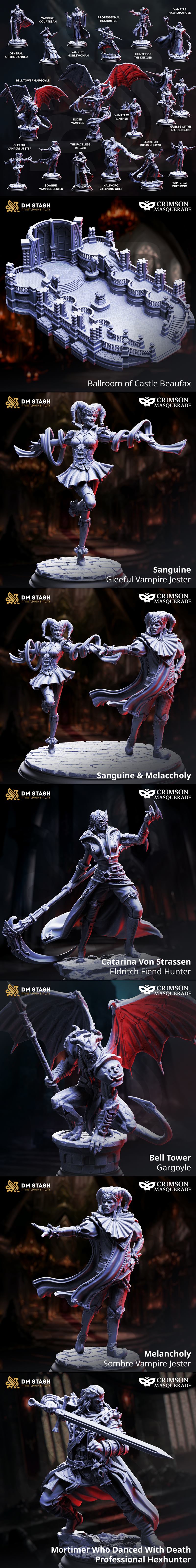 Group of vampire figures from DM Stash's Crimson Masquerade collection, featuring a large winged vampire and several...