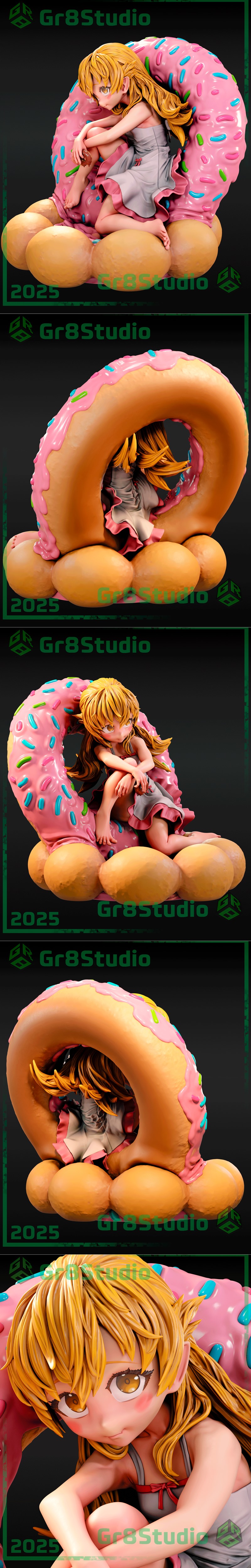 Shinobu Oshino figure sitting inside a large pink donut with colorful sprinkles. She wears a grey dress with pink tri...