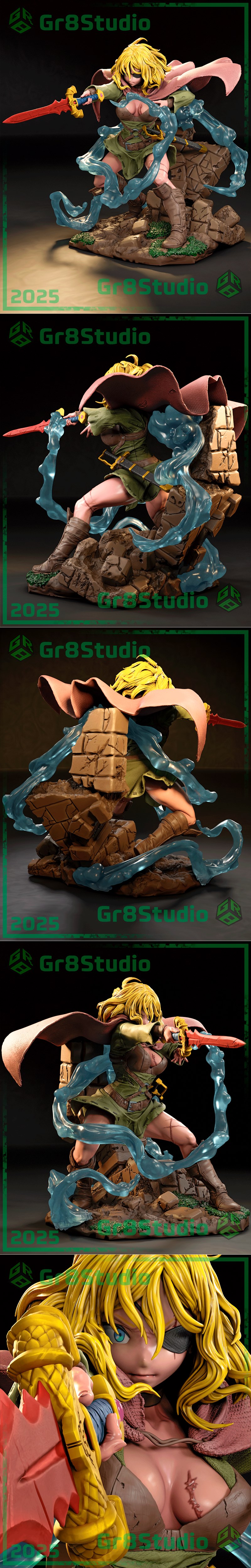 Alicia Glenfall 3D model by Gr8Tech, blonde woman with eyepatch, wearing green tunic and brown leather, wielding a ha...