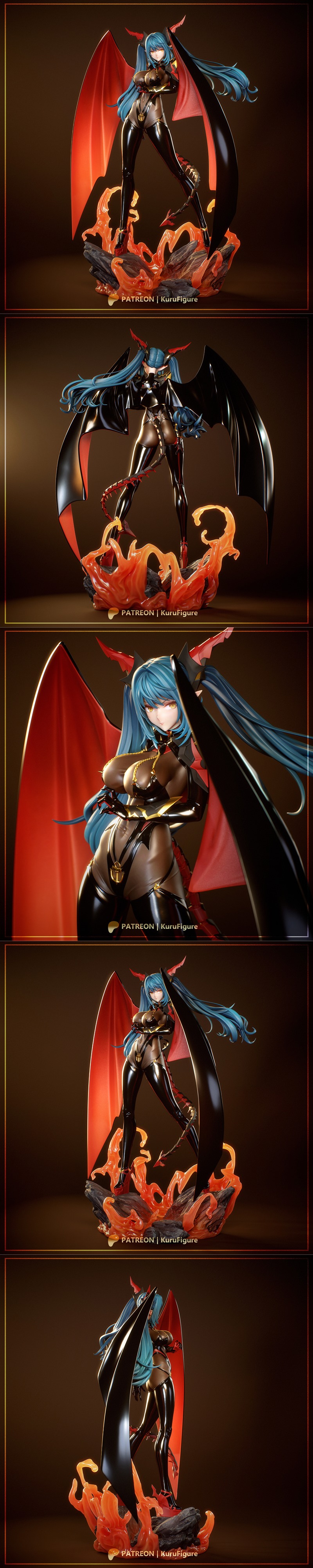 Demoness Regensburg figure with blue hair, red wings, and black revealing outfit, posed with hands crossed.