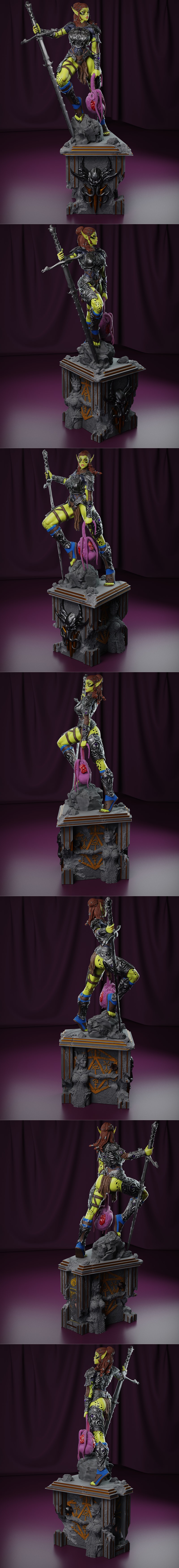 Lae'zel, a green-skinned Githyanki warrior with pointed ears and braided hair, wears ornate dark armor and holds a sw...