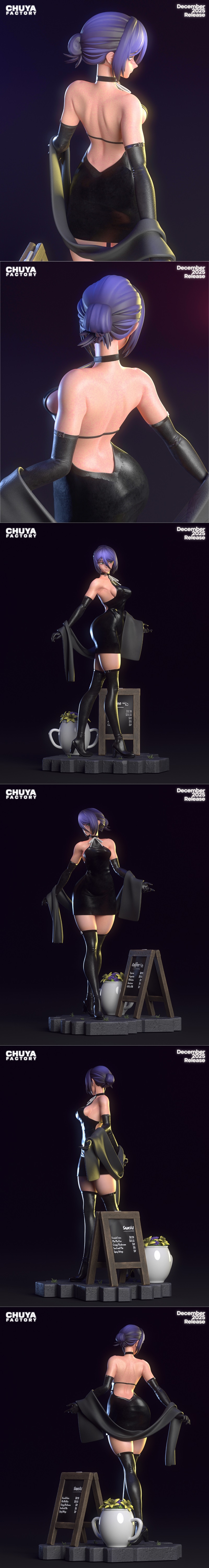 Chuya Factory 3D model of Reze from Chainsaw Man, purple hair, green eyes, wearing a black halter dress and long glov...