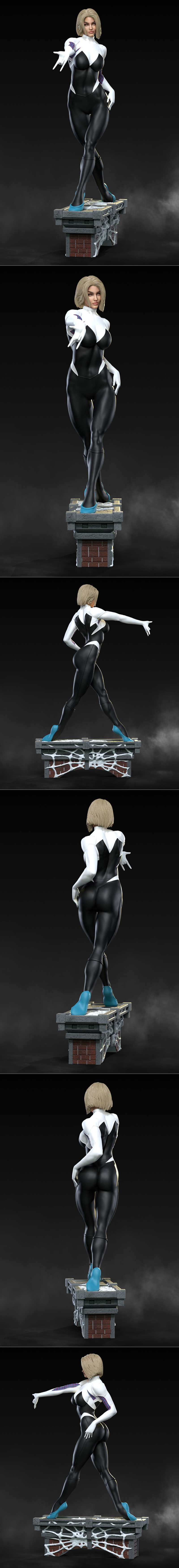 3D model of Spider-Gwen in her black and white suit, striking a heroic pose on a brick and stone diorama base. Blonde...