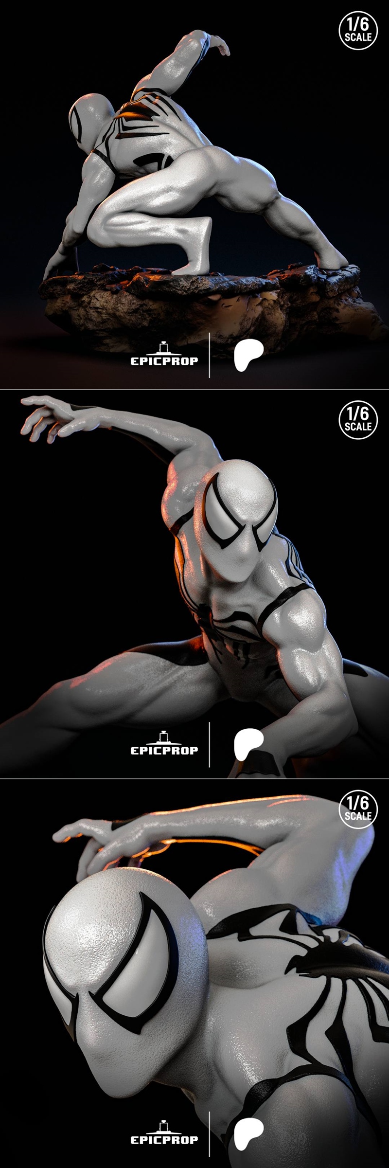 1:6 scale 3D print model of Anti-Venom in a dynamic crouching pose on a rocky base, white suit with black accents.