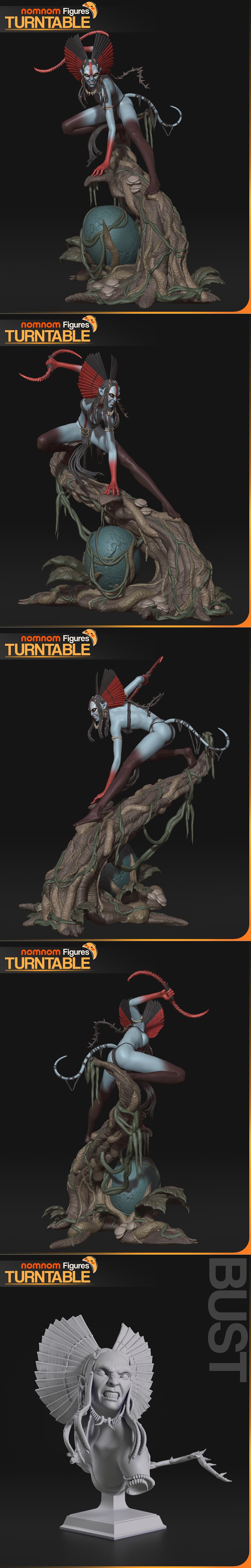 A fierce female figure with blue skin, red facial markings, and elaborate headdress crouches on a rocky base. Her rig...