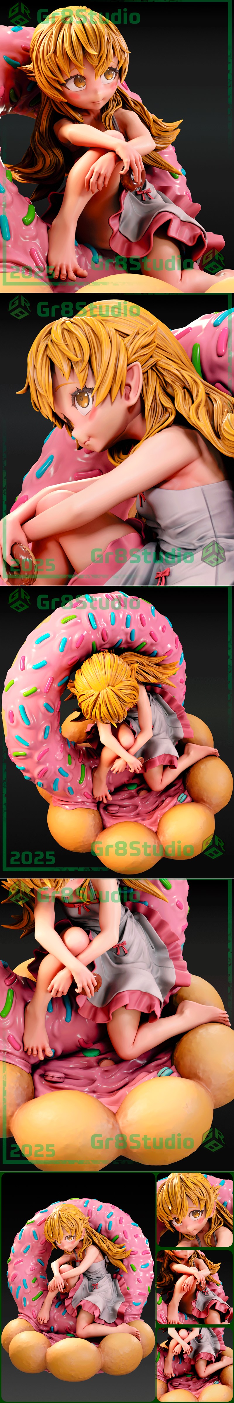 Shinobu Oshino figure sitting inside a large pink donut with colorful sprinkles. She wears a grey dress with pink tri...