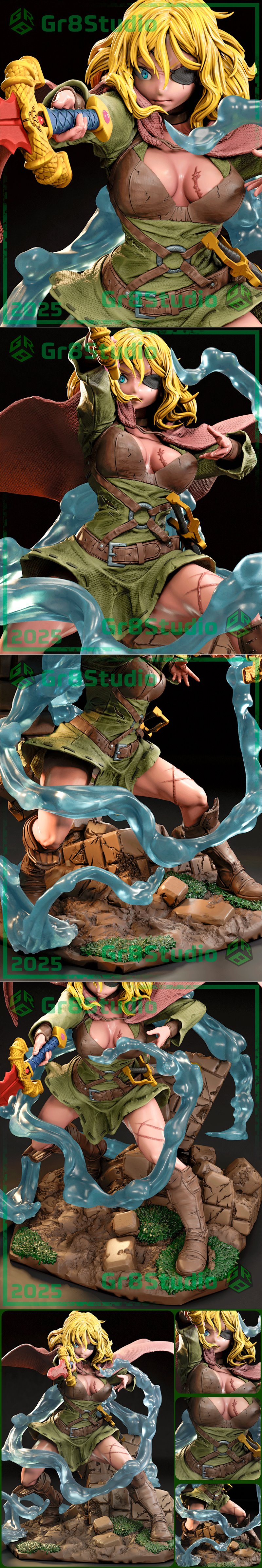 Alicia Glenfall 3D model by Gr8Tech, blonde woman with eyepatch, wearing green tunic and brown leather, wielding a ha...