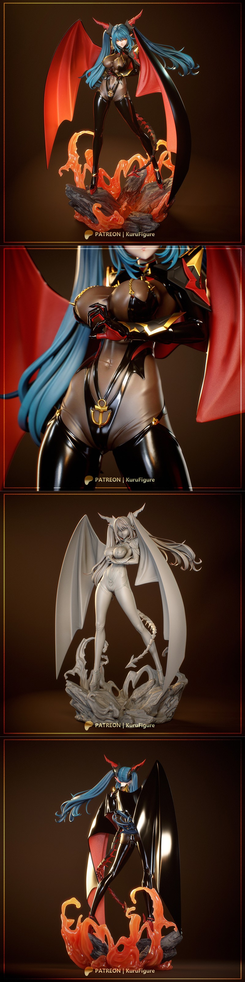 Demoness Regensburg figure with blue hair, red wings, and black revealing outfit, posed with hands crossed.