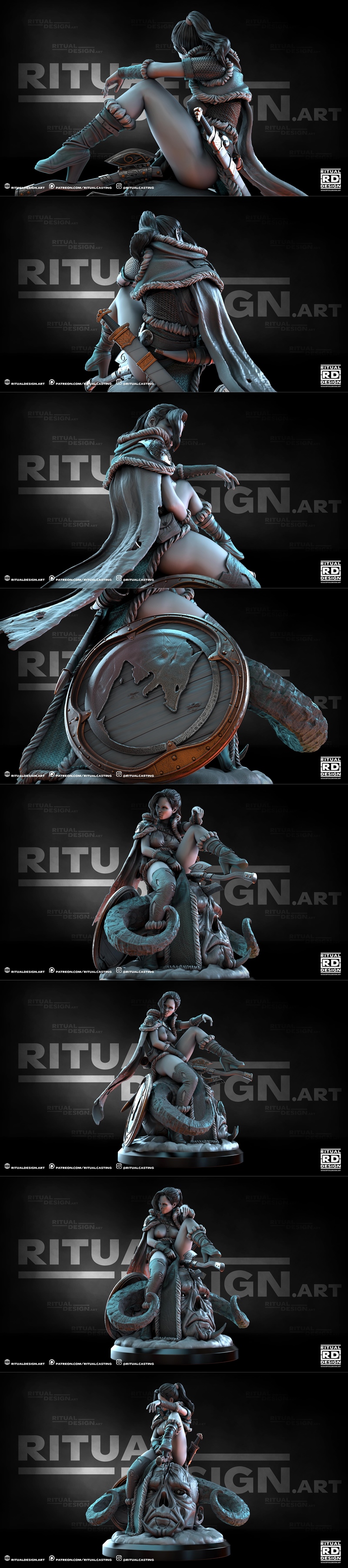 Fantasy female figure 'unnhild 2' by Ritual Design, seated on a beast mount, wearing armor and fur accents, with two...