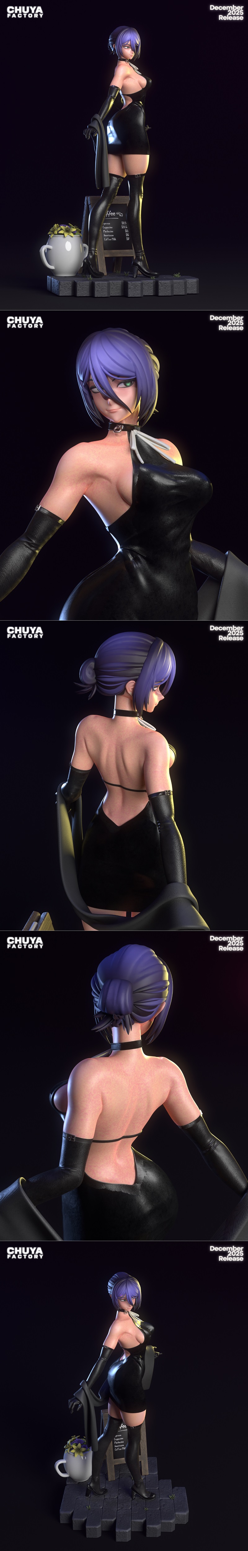 Chuya Factory 3D model of Reze from Chainsaw Man, purple hair, green eyes, wearing a black halter dress and long glov...