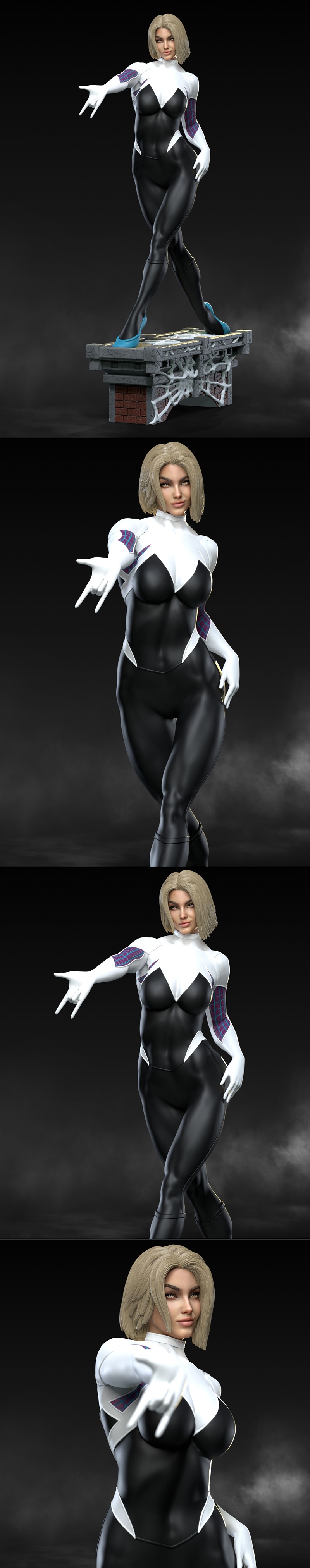 3D model of Spider-Gwen in her black and white suit, striking a heroic pose on a brick and stone diorama base. Blonde...
