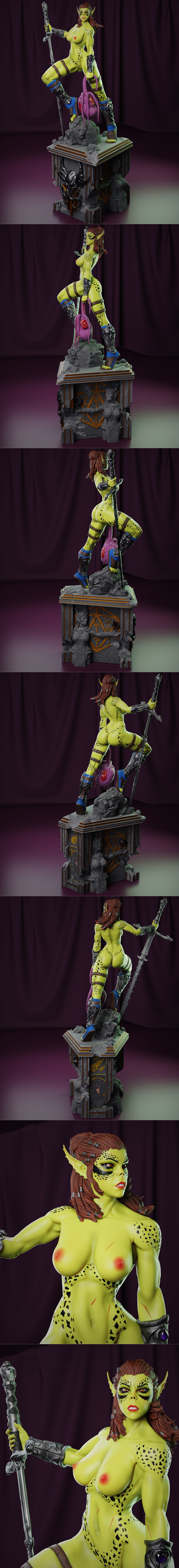 Lae'zel, a green-skinned Githyanki warrior with pointed ears and braided hair, wears ornate dark armor and holds a sw...