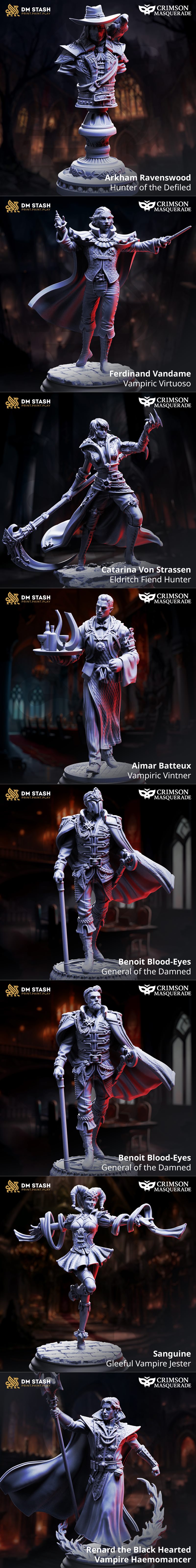 Group of vampire figures from DM Stash's Crimson Masquerade collection, featuring a large winged vampire and several...