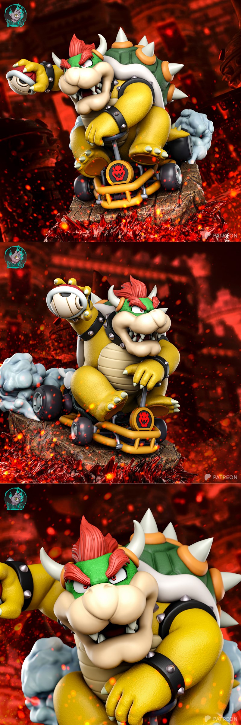 Bowser in his kart, holding a Super Star, on a lava-themed base. Rendered by Kaidan studio.