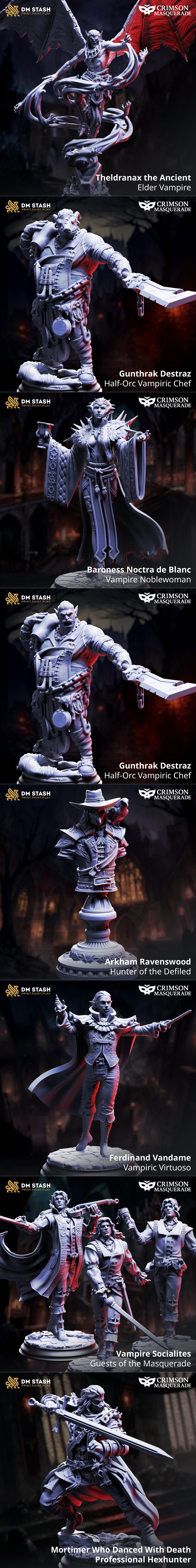 Group of vampire figures from DM Stash's Crimson Masquerade collection, featuring a large winged vampire and several...