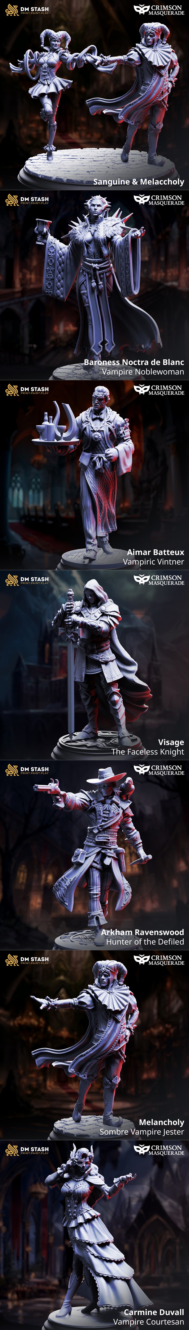 Group of vampire figures from DM Stash's Crimson Masquerade collection, featuring a large winged vampire and several...