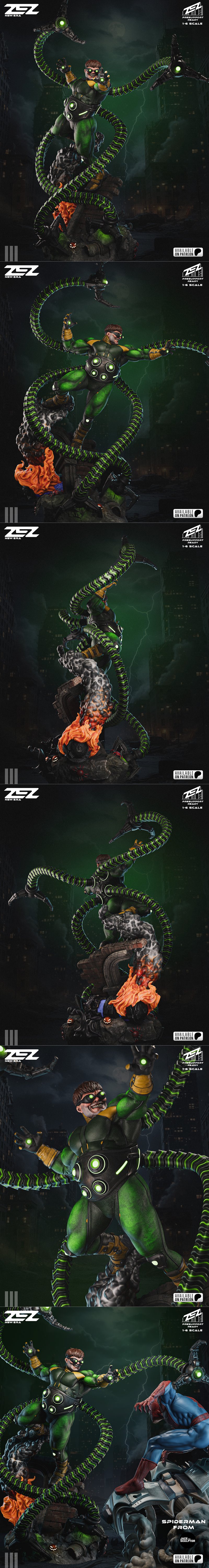 ZEZ Studio 1:6 scale 3D print model of Doctor Octopus, a male villain with four mechanical tentacles, green suit, and...