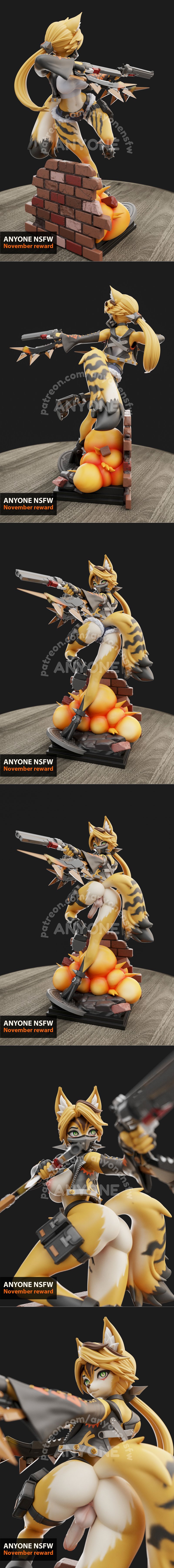 Anthropomorphic fox character Pulchra in action pose, holding a gun and dagger, with explosions and brick debris on b...