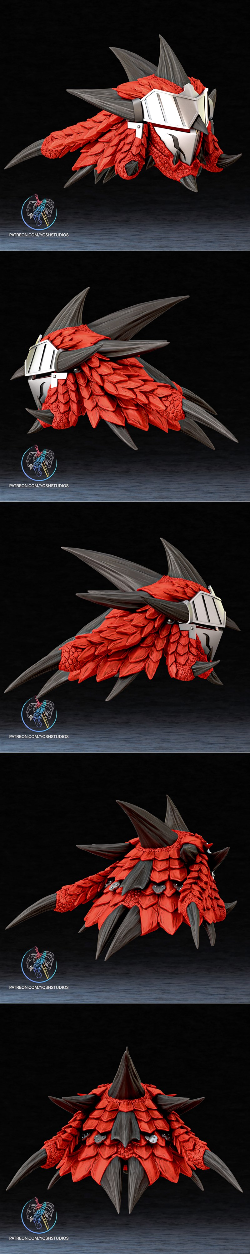 Rathalos Helmet 3D model with white faceplate, red scales, and dark grey horns. Designed by Yoshstudios.