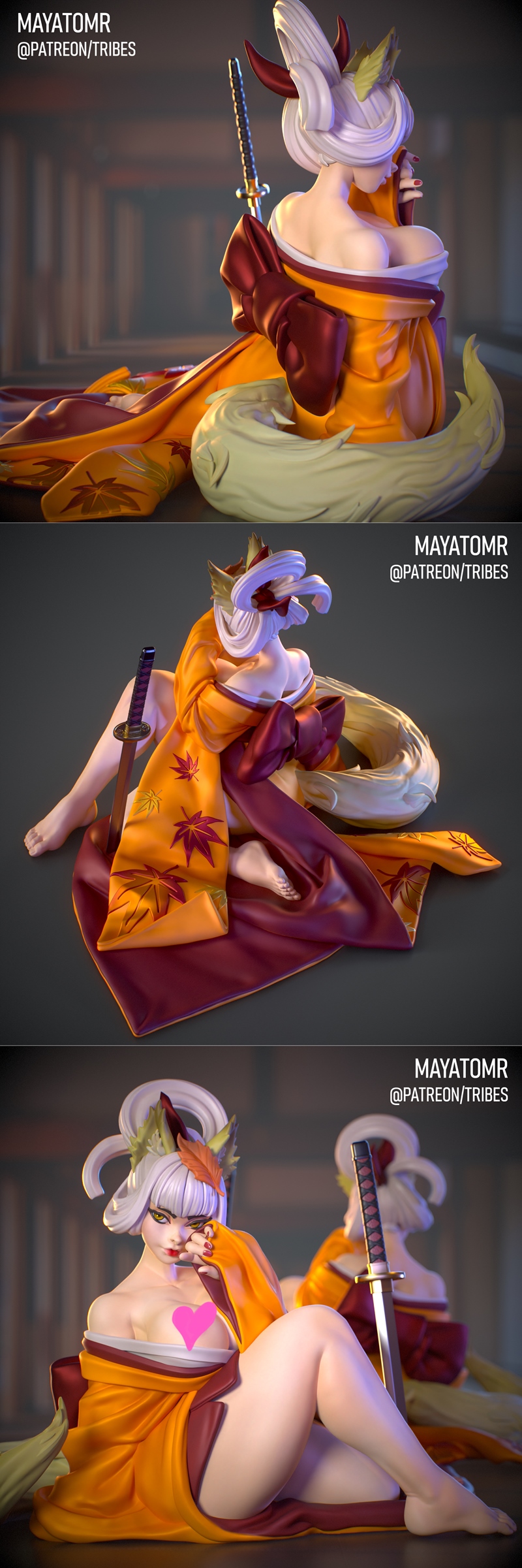 Mayatomr 3D model figure by Foxspirit, wearing an open orange and maroon kimono, sitting with legs crossed, a katana...
