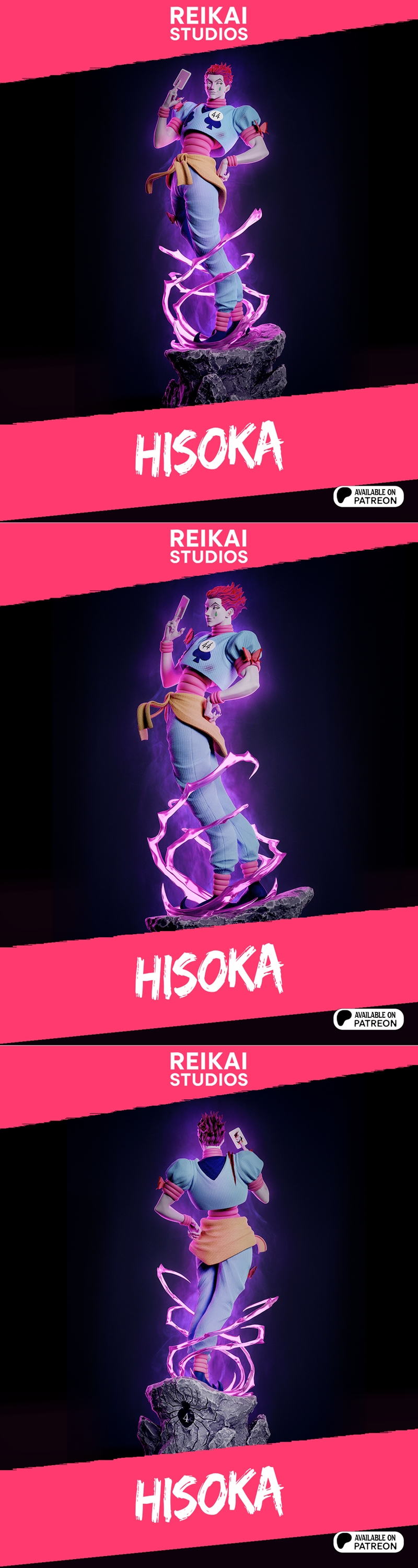 Hisoka from Hunter x Hunter anime, depicted as a 3D printable figure by Reikai Studios. He has spiky red hair, a gree...