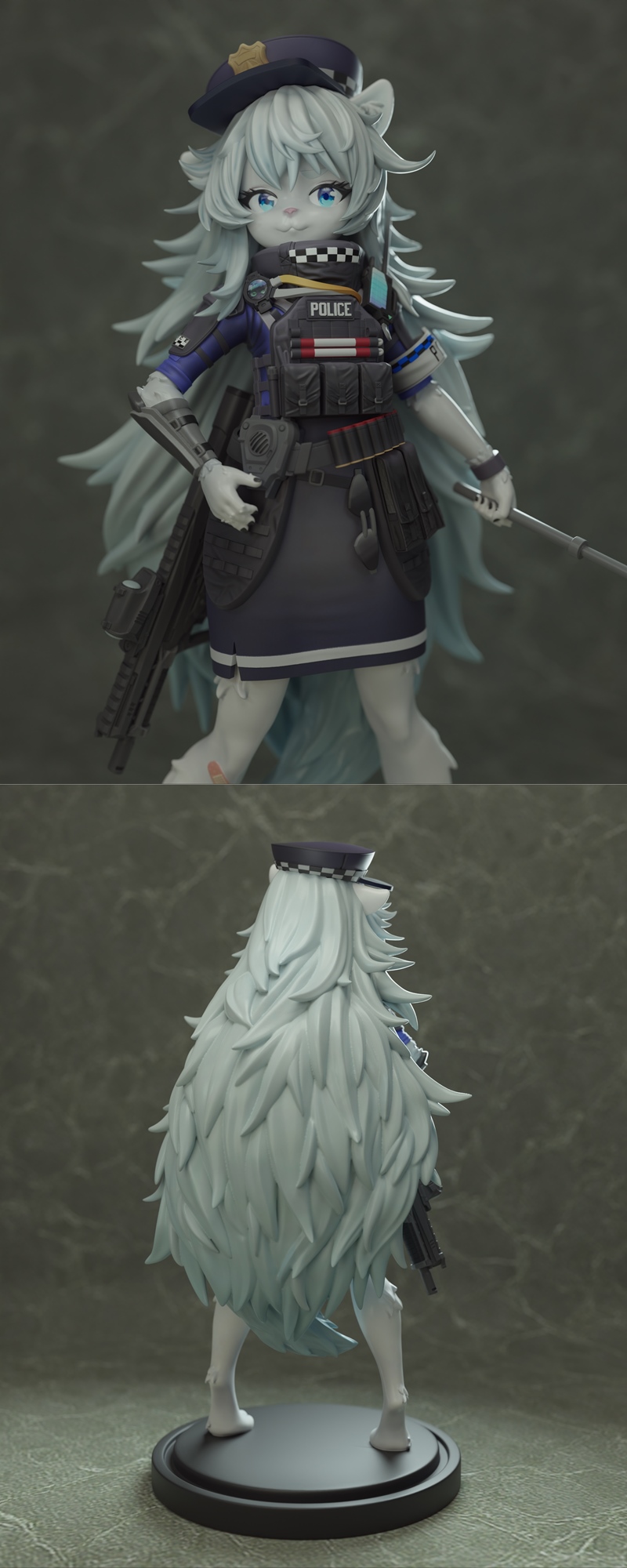 Anthropomorphic police officer figure with white fur, blue eyes, tactical vest, rifle, and baton, standing on a black...