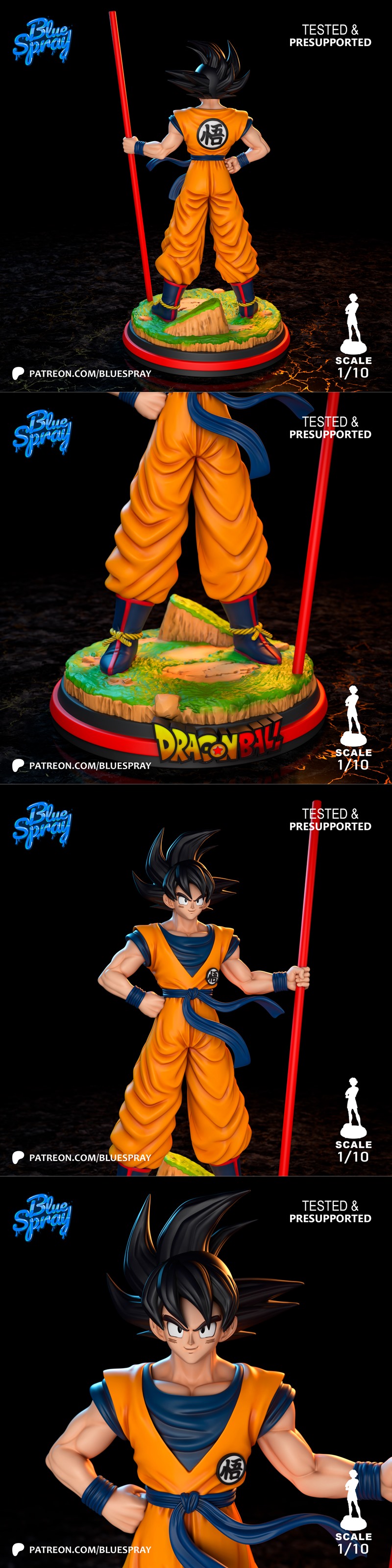 Young Goku figure in orange gi holding a red staff, standing on a scenic base. Blue Spray studio logo visible. Scale...
