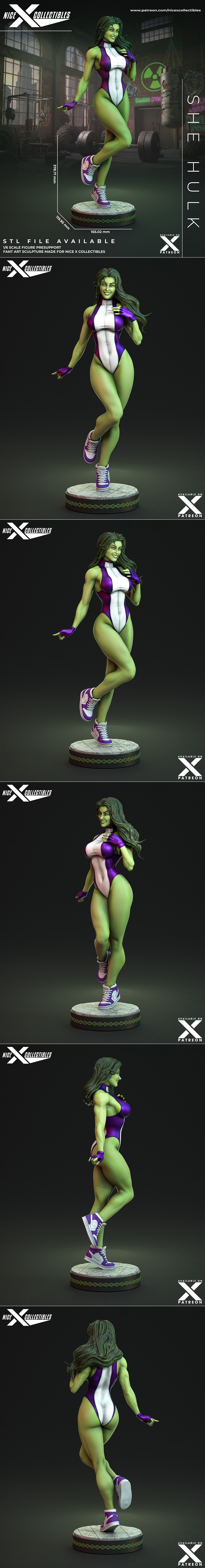 She-Hulk 3D model figure in a white and purple leotard, standing in a gym with weights and punching bags. Green skin,...