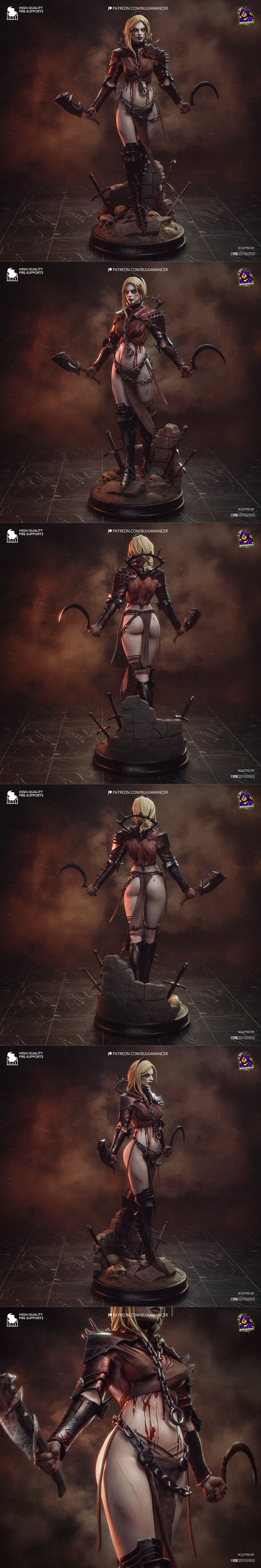 Female warrior 'Clang' by Bulkamancer Sculpts, wearing spiked leather armor and chains, holding a sickle and an axe,...