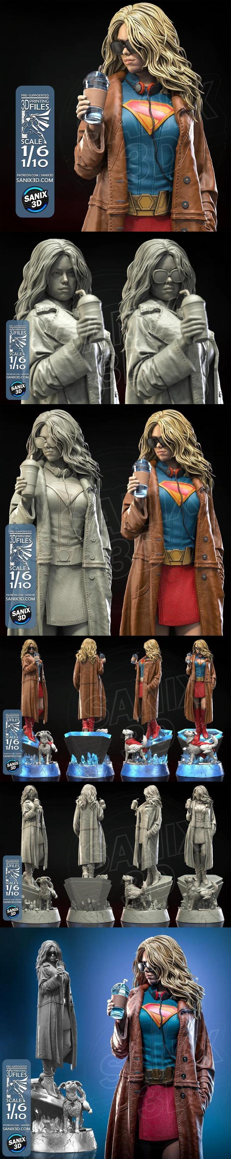 3D model of Supergirl in a trench coat and skirt holding an iced coffee, with Krypto the Superdog beside her on a cry...