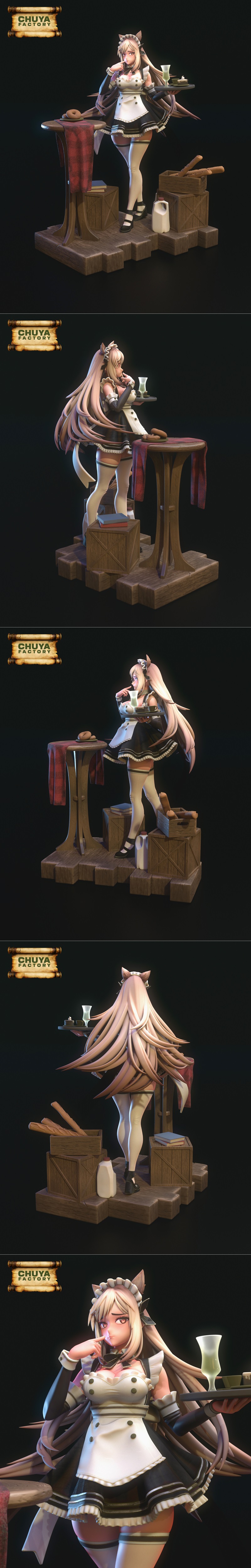 3D model of Rapi in a maid outfit with cat ears, holding a tray with a drink. Blonde hair, red eyes, suggestive pose.