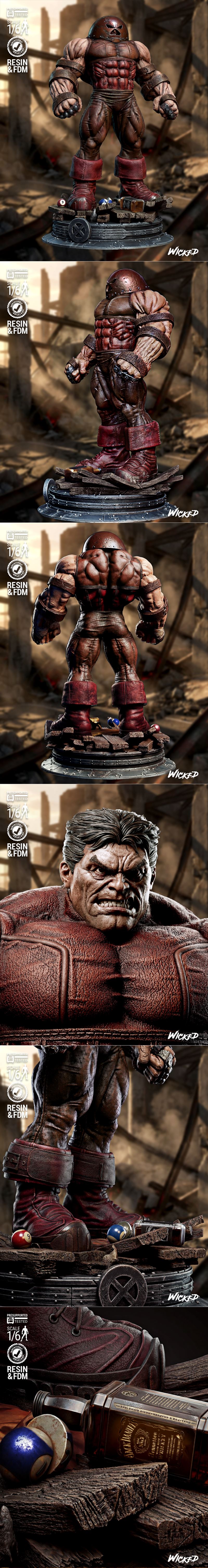Juggernaut comic version sculpture by Wicked, standing on a detailed base with whiskey bottle and billiard balls, X-M...