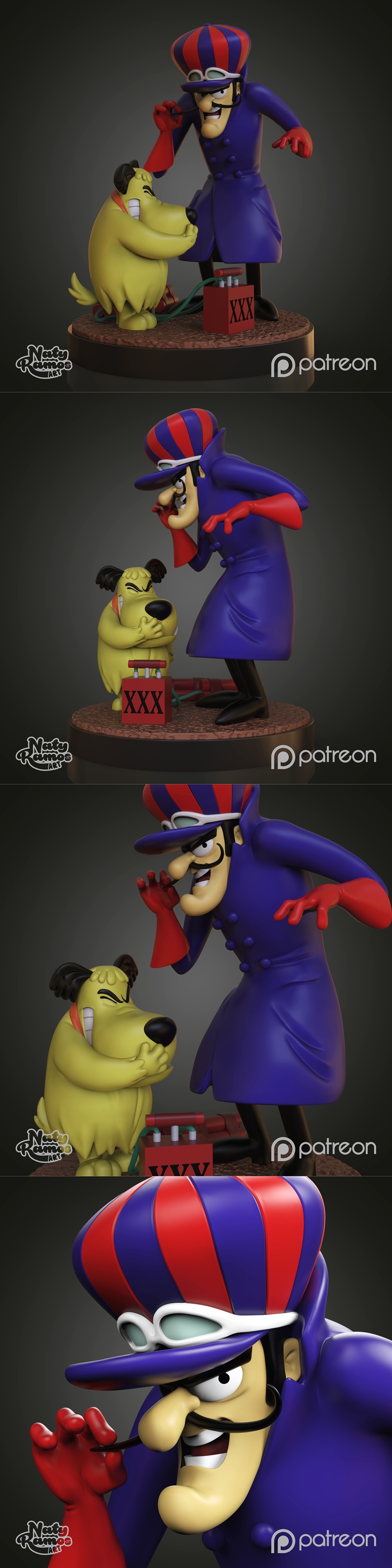 Dick Dastardly in a purple coat and striped hat, with Muttley the dog, standing over a block of dynamite on a diorama...