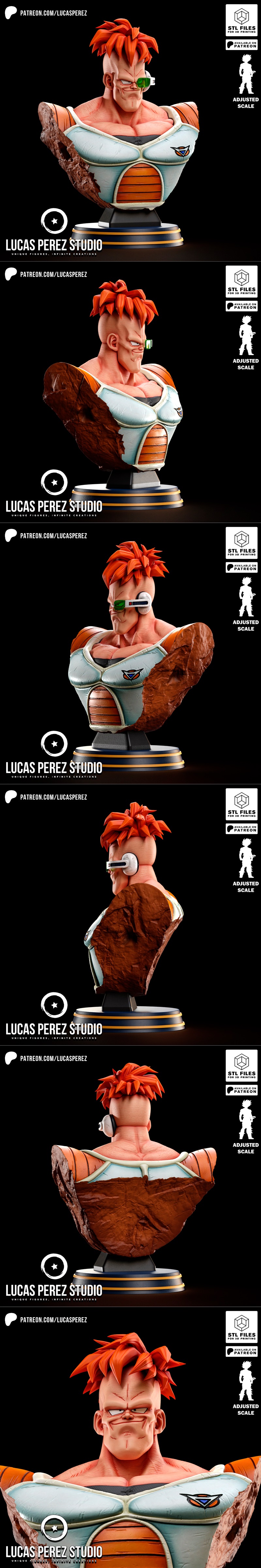 Recoome bust from Dragon Ball Z, featuring orange spiky hair, green scouter, and detailed battle armor, displayed on...