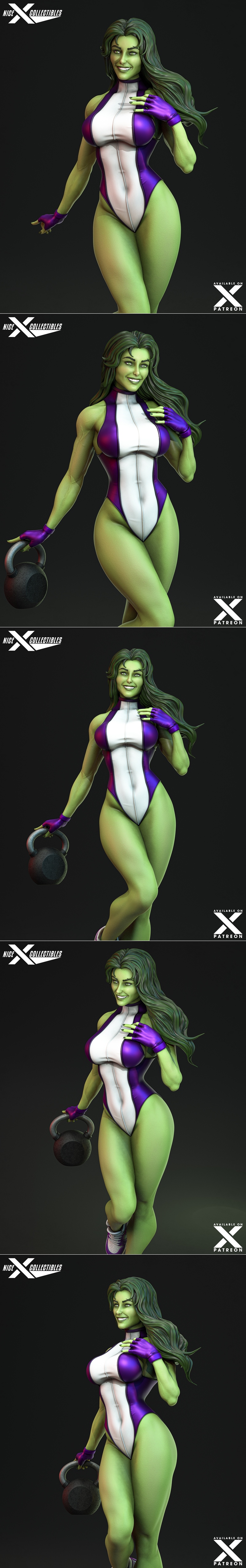 She-Hulk 3D model figure in a white and purple leotard, standing in a gym with weights and punching bags. Green skin,...