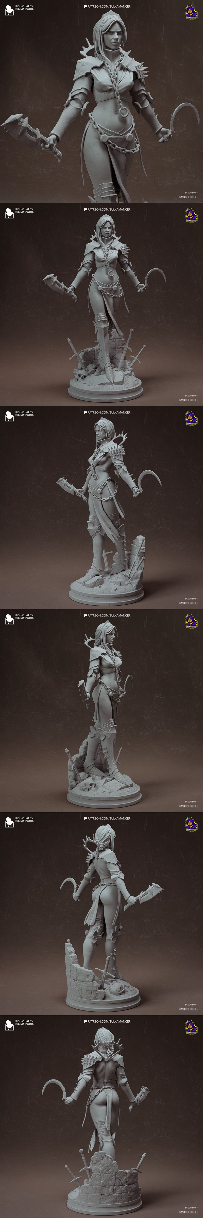 Female warrior 'Clang' by Bulkamancer Sculpts, wearing spiked leather armor and chains, holding a sickle and an axe,...