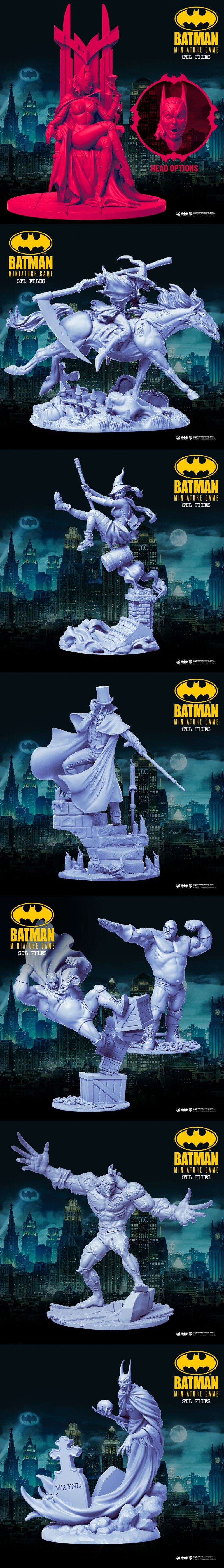 Collection of 3D printable miniatures for Batman Miniature Game by Knight Models. A red Batwoman figure sits on a thr...