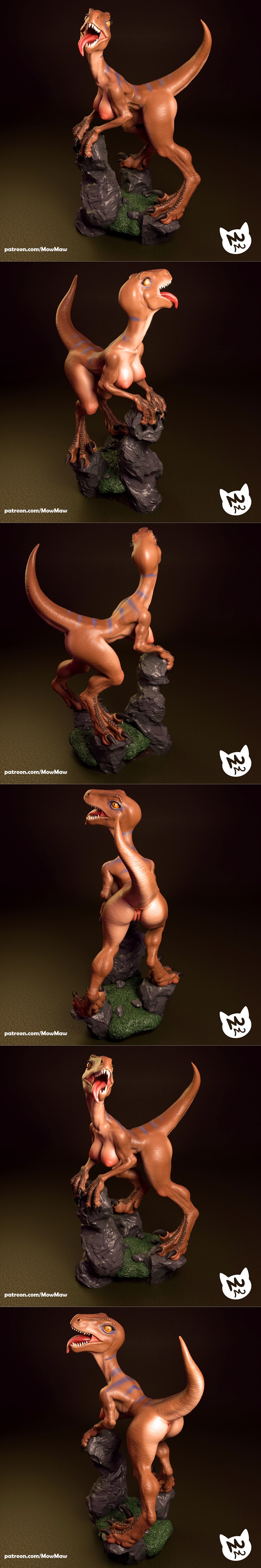 MowMaw's Raptor Lady 3D model: anthropomorphic dinosaur-human hybrid with exposed chest, standing on rocks, tongue ou...