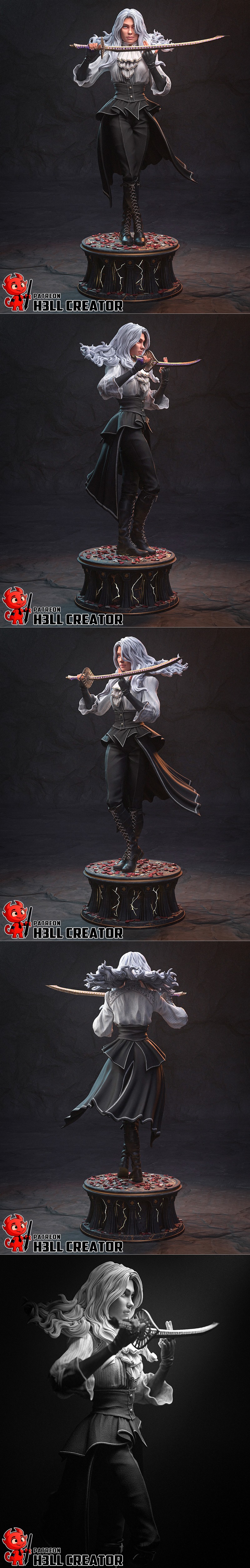 Maelle 3D model figure by h3LL creator, holding a sword with purple accents, wearing a ruffled blouse and corset.