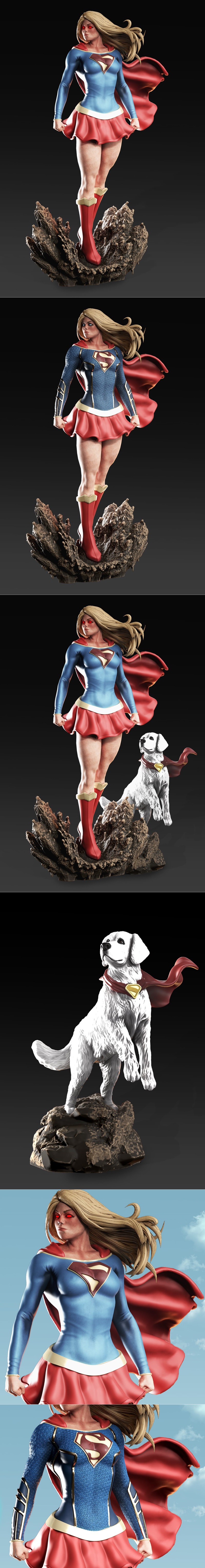 Supergirl figure with Krypto the Superdog on a rocky base. Supergirl wears a blue and red costume with a flowing red...