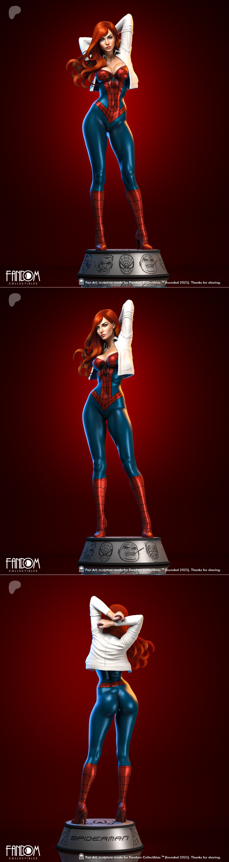 3D model bust of Mary Jane in a Spider-Man inspired suit, white shirt open, red hair flowing, striking pose.