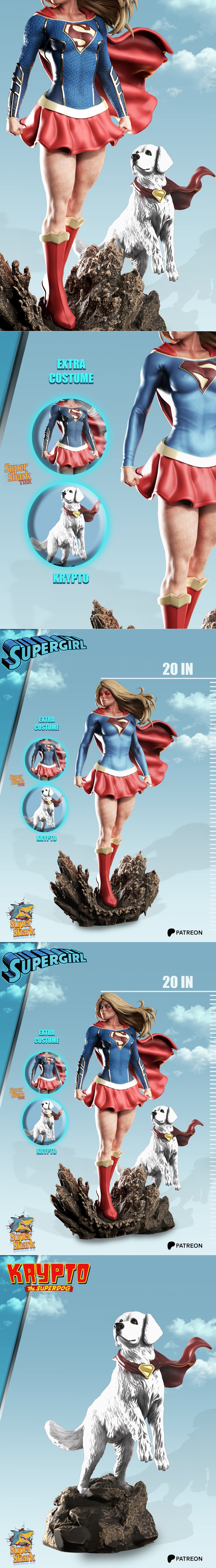 Supergirl figure with Krypto the Superdog on a rocky base. Supergirl wears a blue and red costume with a flowing red...